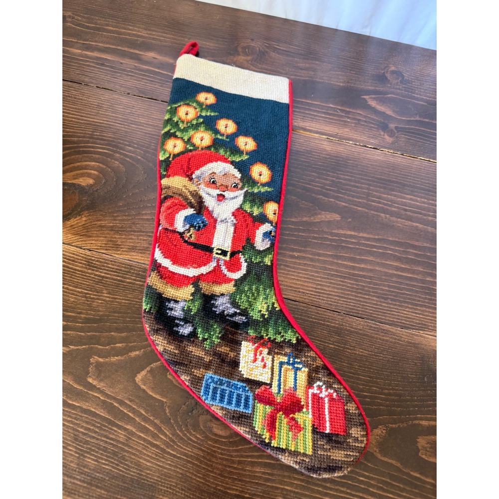 Vintage Santa Claus Needlepoint Christmas Stocking Red Velvet Backing 17 Inch - Picture 6 of 8